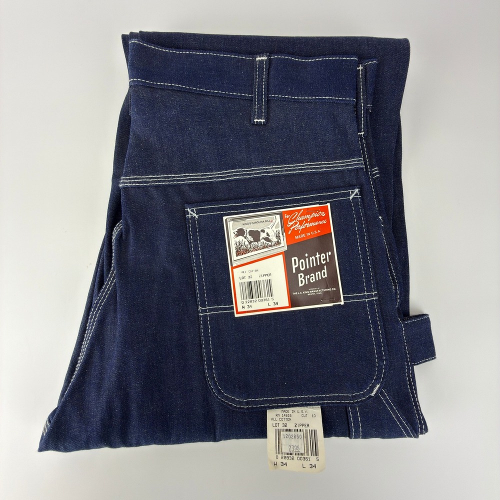 Vintage Pointer Brand Indigo Blue Denim Carpenter Work Pants Mens 34x34 USA NOS